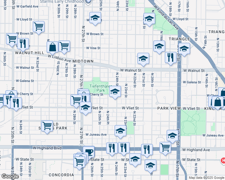 map of restaurants, bars, coffee shops, grocery stores, and more near 1453 North 24th Street in Milwaukee
