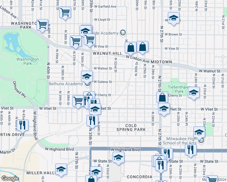map of restaurants, bars, coffee shops, grocery stores, and more near 3130 West Cherry Street in Milwaukee