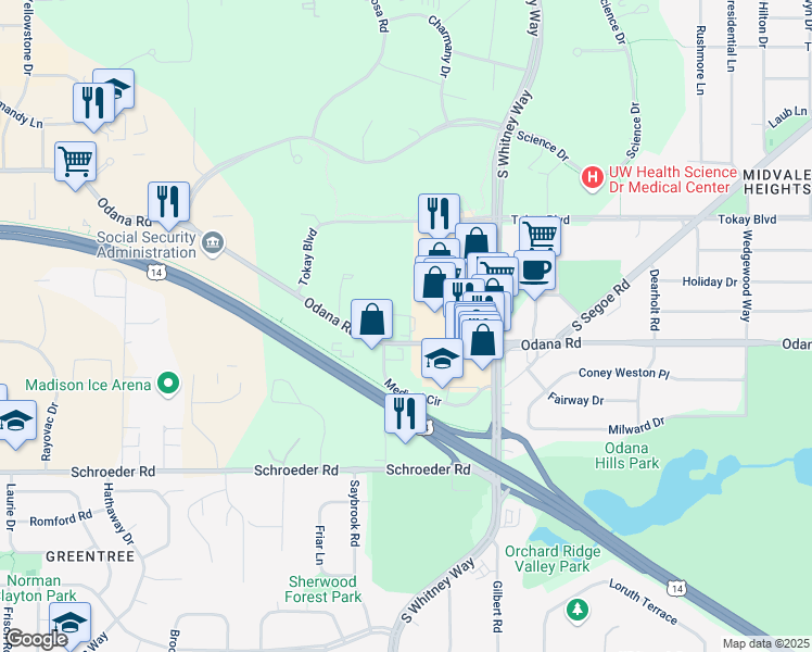 map of restaurants, bars, coffee shops, grocery stores, and more near 5614 Odana Road in Madison
