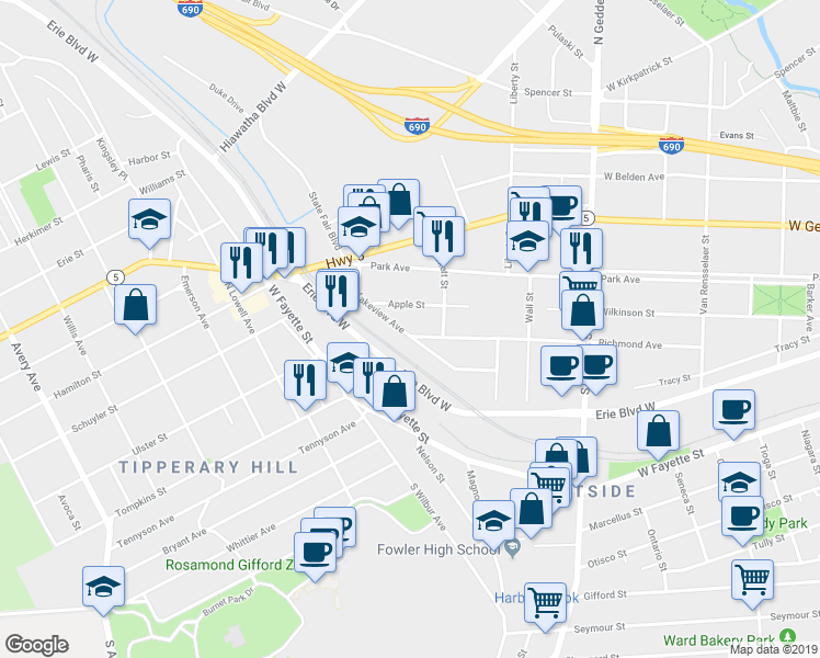 map of restaurants, bars, coffee shops, grocery stores, and more near 206 Lakeview Avenue in Syracuse