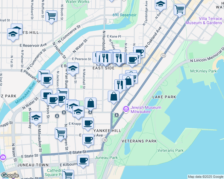 map of restaurants, bars, coffee shops, grocery stores, and more near E Pleasant St & N Franklin Pl in Milwaukee