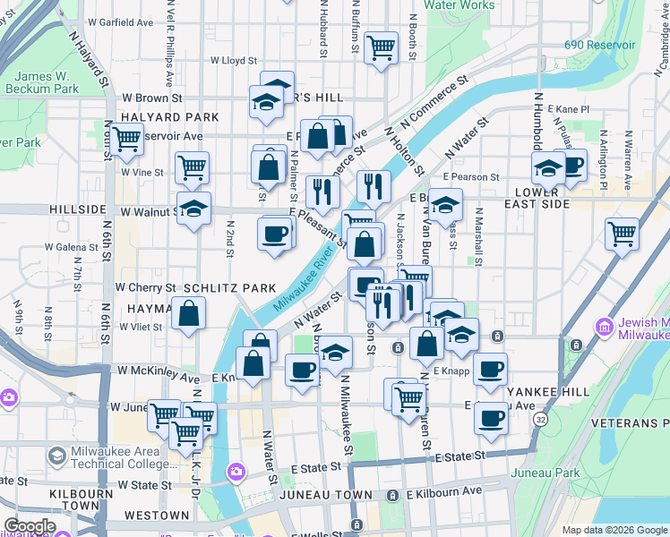 map of restaurants, bars, coffee shops, grocery stores, and more near 1550 North Edison Street in Milwaukee