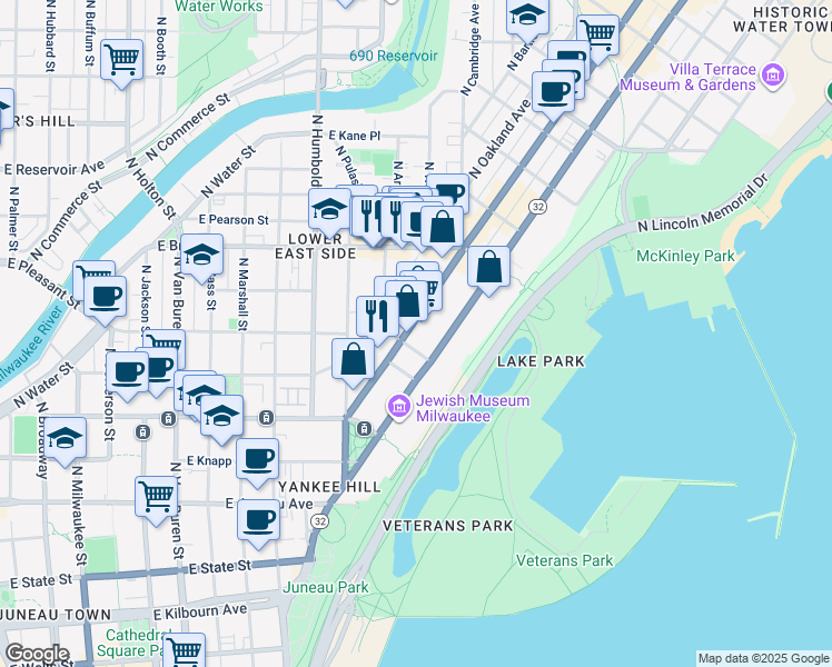 map of restaurants, bars, coffee shops, grocery stores, and more near 1428 East Albion Street in Milwaukee