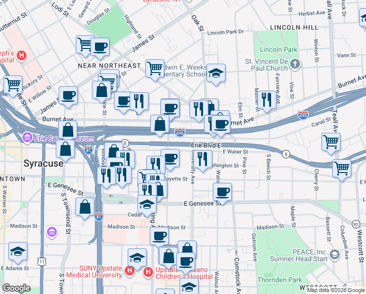 map of restaurants, bars, coffee shops, grocery stores, and more near 1000-1098 E Water St in Syracuse
