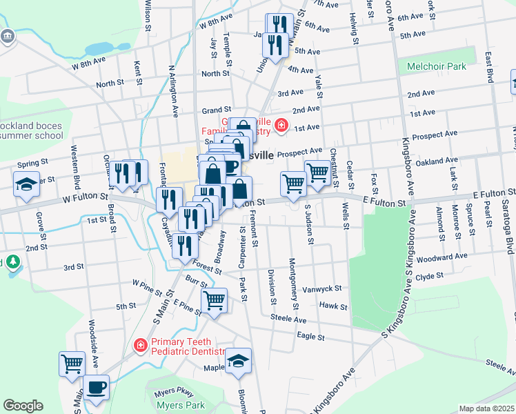 map of restaurants, bars, coffee shops, grocery stores, and more near 58 East Fulton Street in Gloversville
