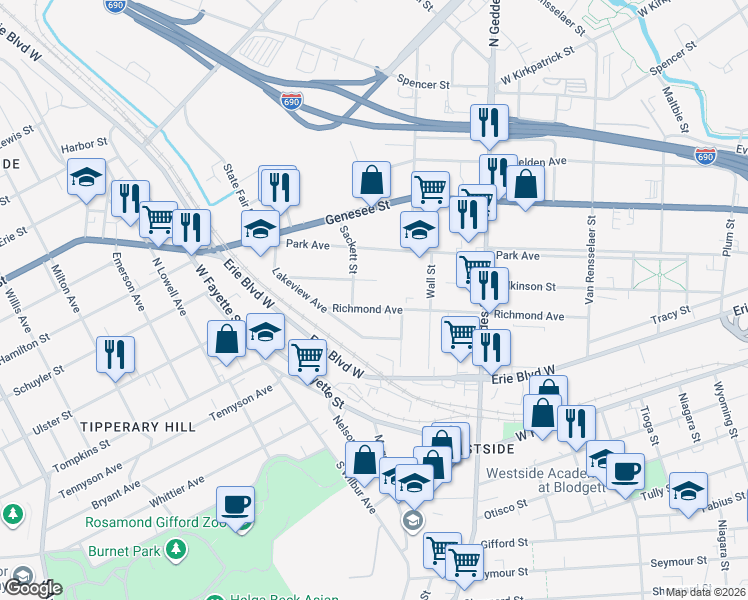 map of restaurants, bars, coffee shops, grocery stores, and more near 557 Richmond Avenue in Syracuse