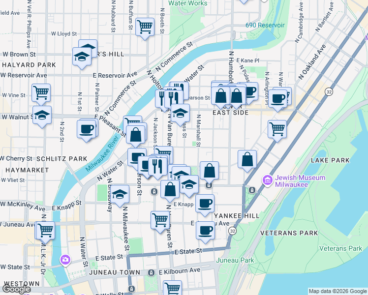 map of restaurants, bars, coffee shops, grocery stores, and more near N Cass St & E Pleasant St in Milwaukee