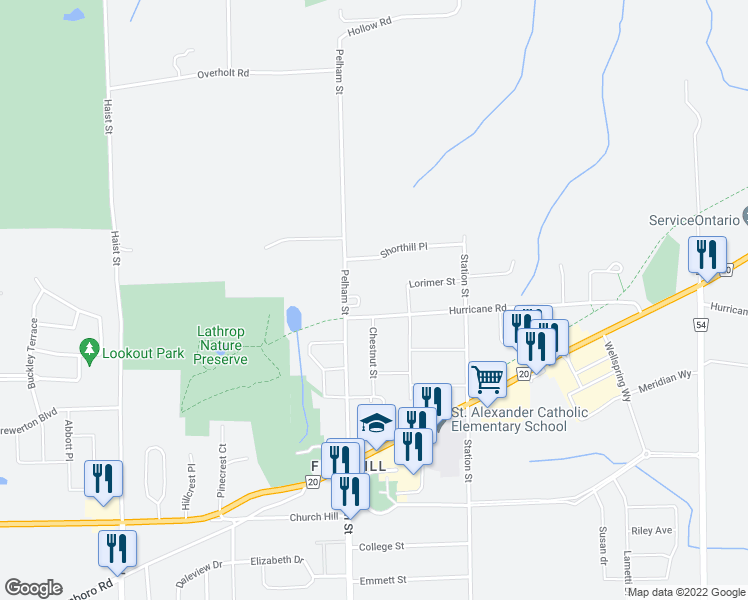 map of restaurants, bars, coffee shops, grocery stores, and more near 4 Hurricane Road in Pelham