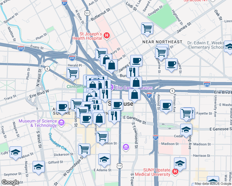 map of restaurants, bars, coffee shops, grocery stores, and more near in Syracuse