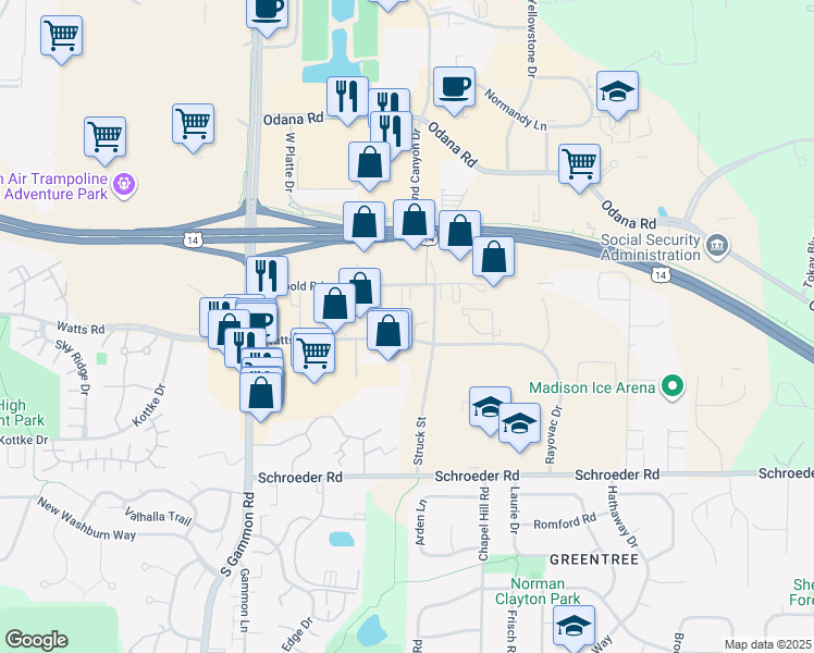 map of restaurants, bars, coffee shops, grocery stores, and more near 6621-6633 Watts Rd in Madison