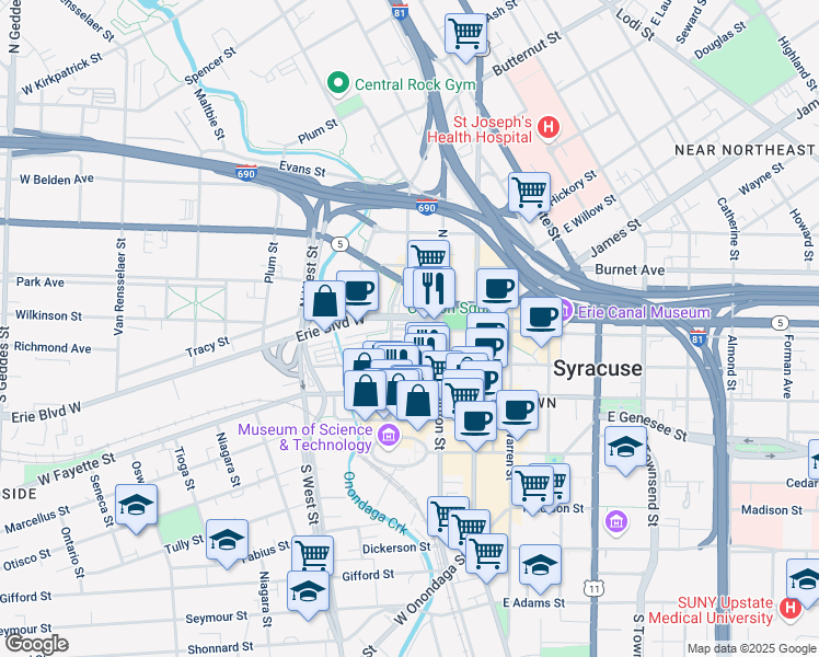 map of restaurants, bars, coffee shops, grocery stores, and more near 214 West Water Street in Syracuse