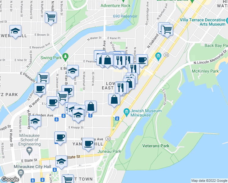 map of restaurants, bars, coffee shops, grocery stores, and more near 1536 North Franklin Place in Milwaukee