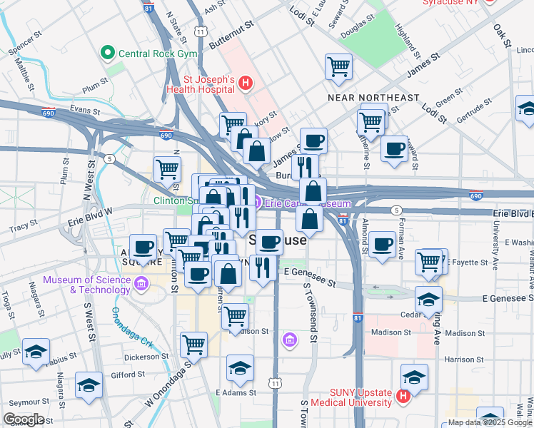 map of restaurants, bars, coffee shops, grocery stores, and more near 323 East Water Street in Syracuse