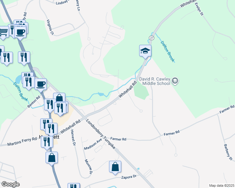 map of restaurants, bars, coffee shops, grocery stores, and more near 63 Whitehall Road in Hooksett