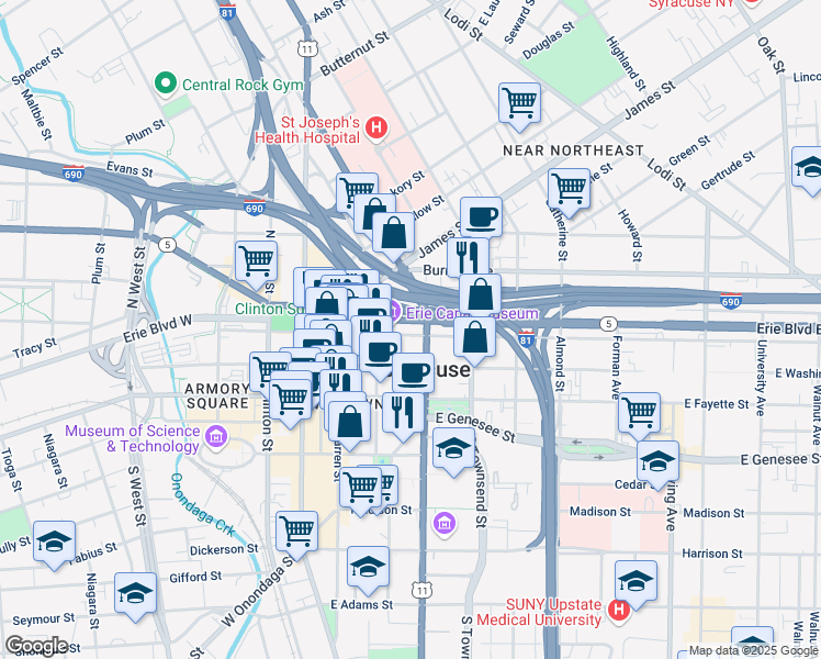 map of restaurants, bars, coffee shops, grocery stores, and more near in Syracuse