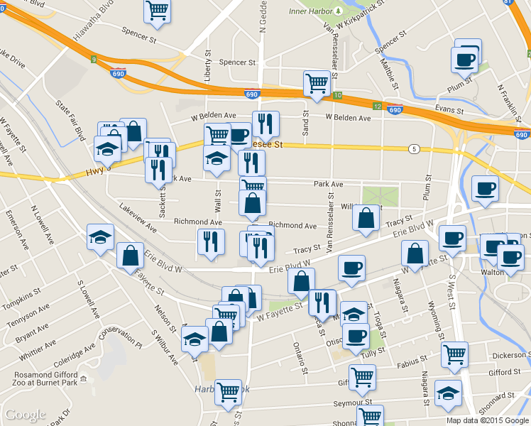 map of restaurants, bars, coffee shops, grocery stores, and more near in Syracuse
