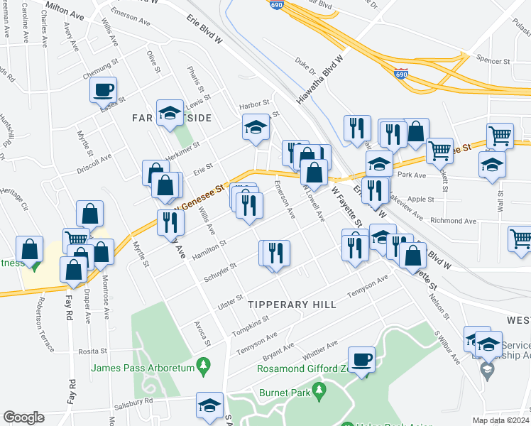 map of restaurants, bars, coffee shops, grocery stores, and more near 411 Hamilton Street in Syracuse