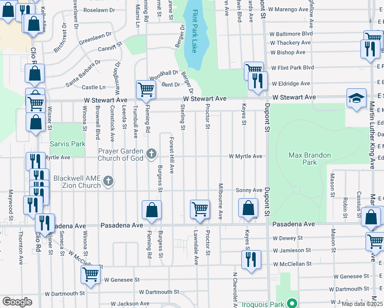 map of restaurants, bars, coffee shops, grocery stores, and more near 3909 Lawndale Avenue in Flint