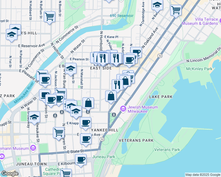 map of restaurants, bars, coffee shops, grocery stores, and more near 1517 North Franklin Place in Milwaukee
