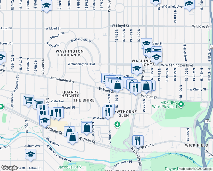 map of restaurants, bars, coffee shops, grocery stores, and more near 6027 West Vliet Street in Wauwatosa