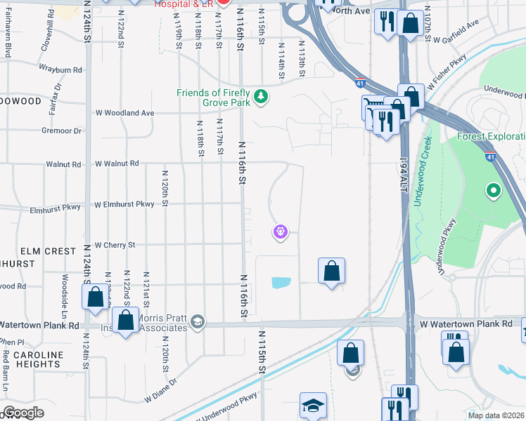 map of restaurants, bars, coffee shops, grocery stores, and more near 1535 Rivers Bend in Wauwatosa