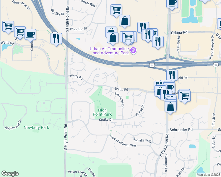 map of restaurants, bars, coffee shops, grocery stores, and more near 778 Sky Ridge Drive in Madison