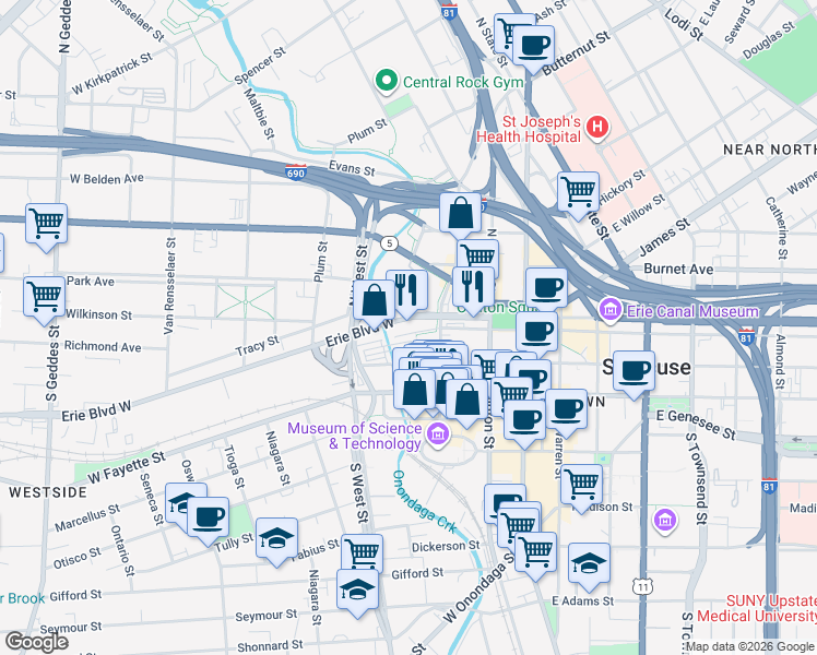map of restaurants, bars, coffee shops, grocery stores, and more near 310 West Water Street in Syracuse