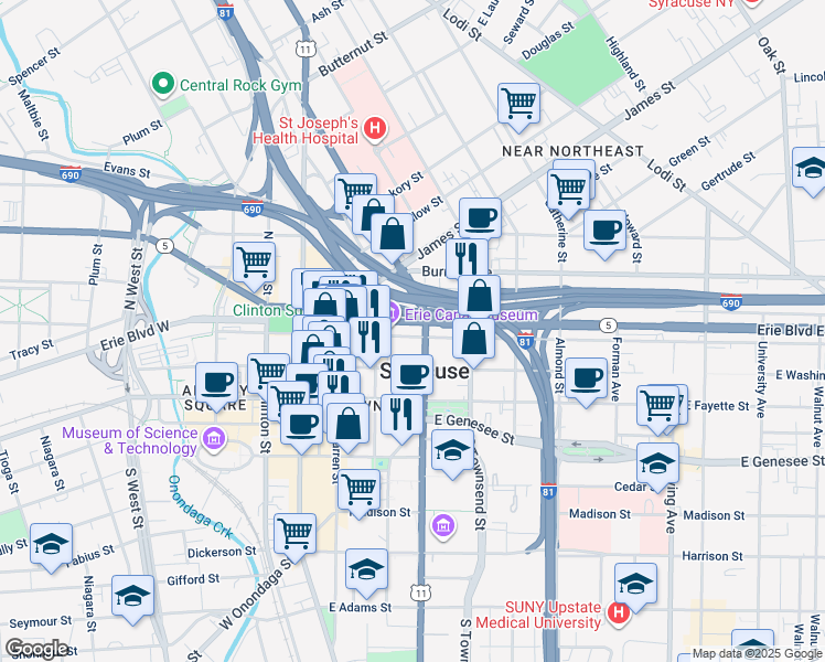 map of restaurants, bars, coffee shops, grocery stores, and more near 360 Erie Boulevard East in Syracuse
