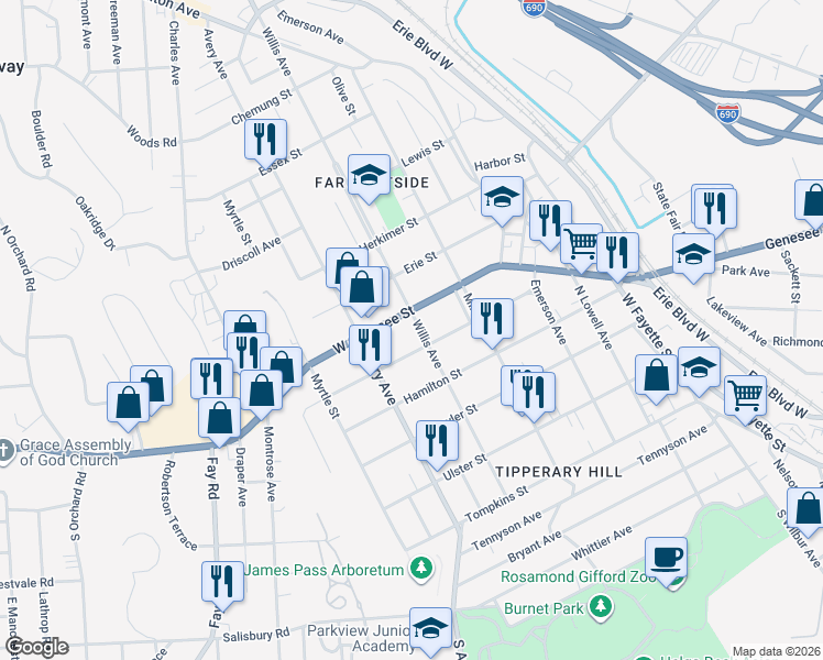 map of restaurants, bars, coffee shops, grocery stores, and more near 509 Willis Avenue in Syracuse