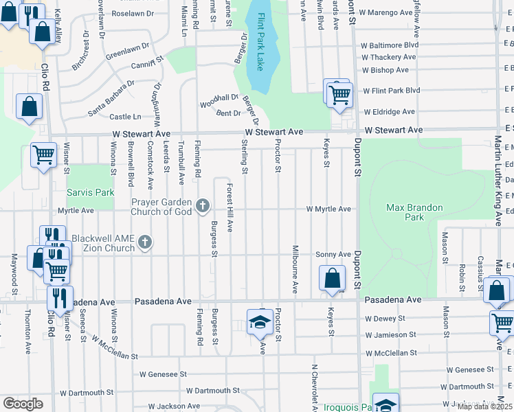 map of restaurants, bars, coffee shops, grocery stores, and more near 3909 Lawndale Avenue in Flint