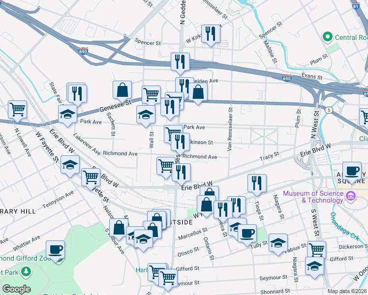 map of restaurants, bars, coffee shops, grocery stores, and more near in Syracuse
