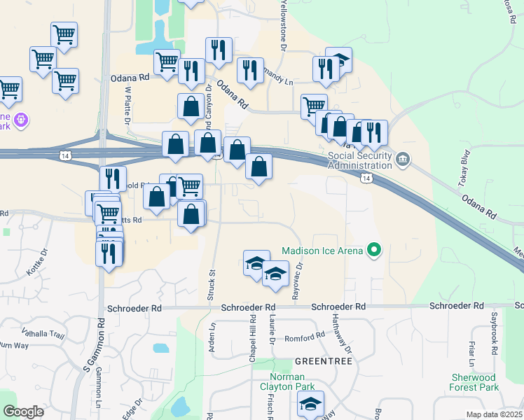map of restaurants, bars, coffee shops, grocery stores, and more near 6501 Watts Road in Madison