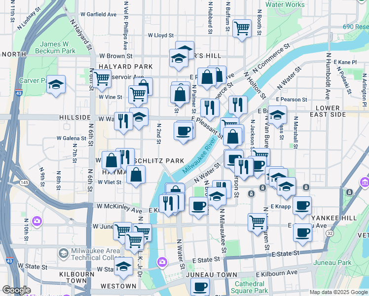 map of restaurants, bars, coffee shops, grocery stores, and more near 1517 North Rivercenter Drive in Milwaukee