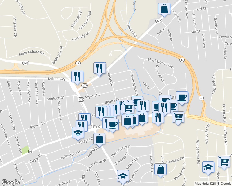 map of restaurants, bars, coffee shops, grocery stores, and more near 300 Jones Street in Syracuse