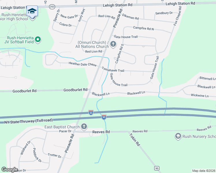 map of restaurants, bars, coffee shops, grocery stores, and more near 46 Blackwell Lane in Henrietta