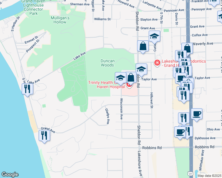 map of restaurants, bars, coffee shops, grocery stores, and more near 1400 Wisconsin Avenue in Grand Haven