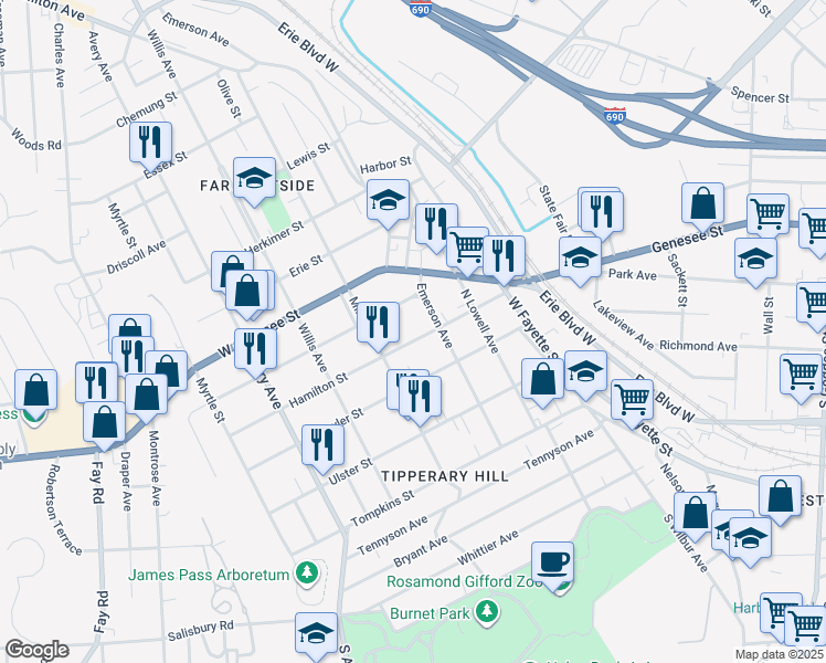 map of restaurants, bars, coffee shops, grocery stores, and more near 404 Hamilton Street in Syracuse