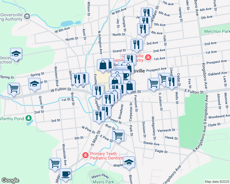 map of restaurants, bars, coffee shops, grocery stores, and more near 18 South Main Street in Gloversville
