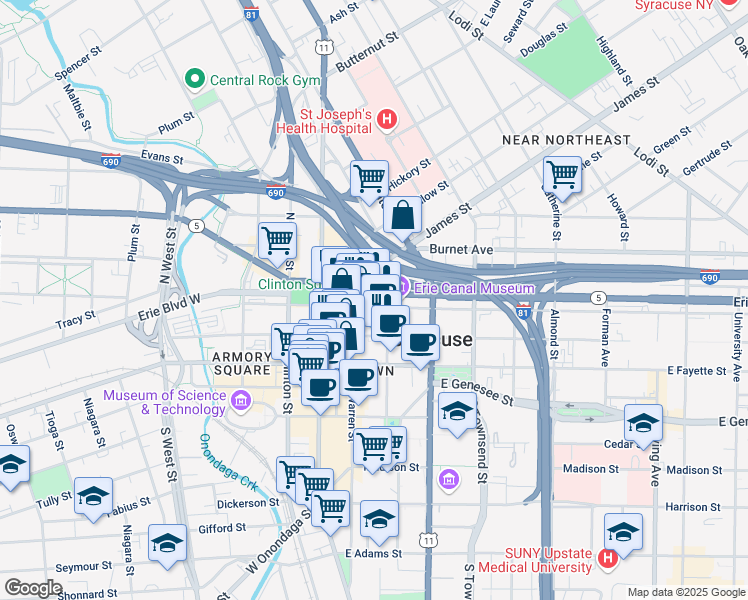 map of restaurants, bars, coffee shops, grocery stores, and more near 109 South Warren Street in Syracuse