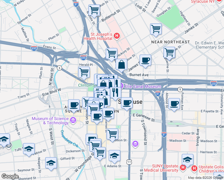 map of restaurants, bars, coffee shops, grocery stores, and more near 109 South Warren Street in Syracuse