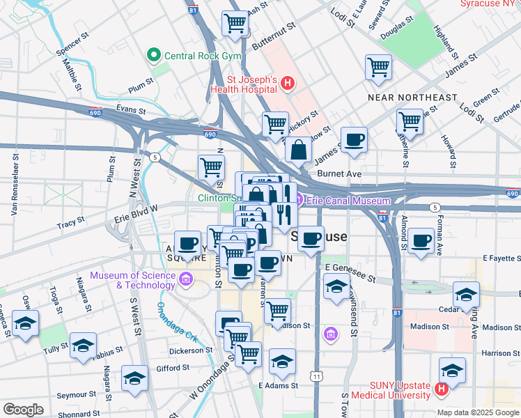 map of restaurants, bars, coffee shops, grocery stores, and more near 109 South Warren Street in Syracuse