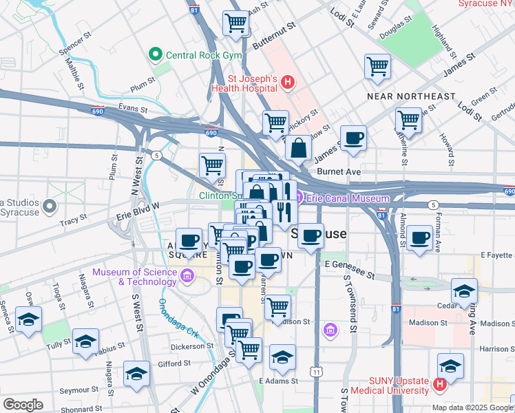 map of restaurants, bars, coffee shops, grocery stores, and more near 109 South Warren Street in Syracuse