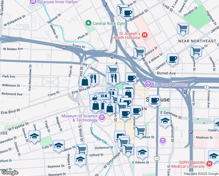 map of restaurants, bars, coffee shops, grocery stores, and more near 214 West Water Street in Syracuse