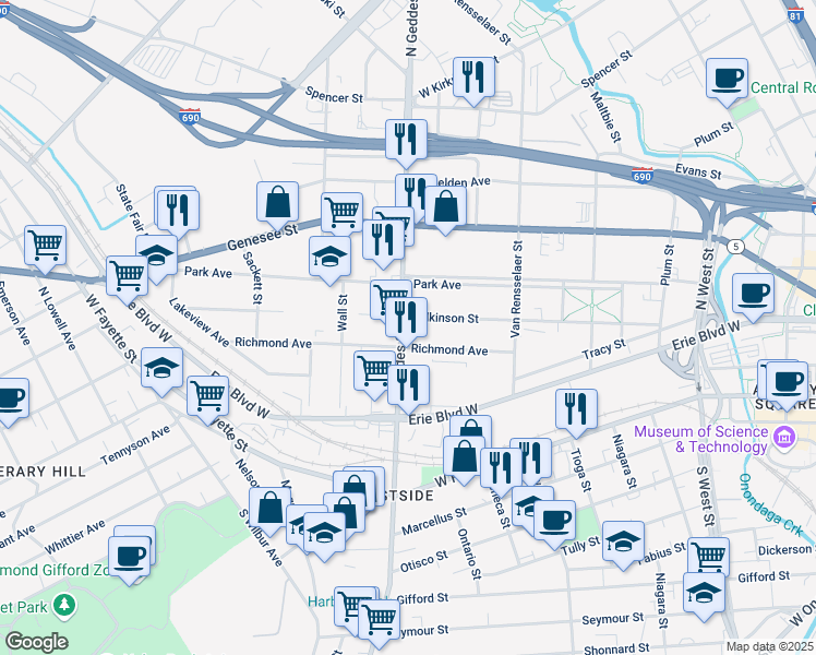map of restaurants, bars, coffee shops, grocery stores, and more near in Syracuse