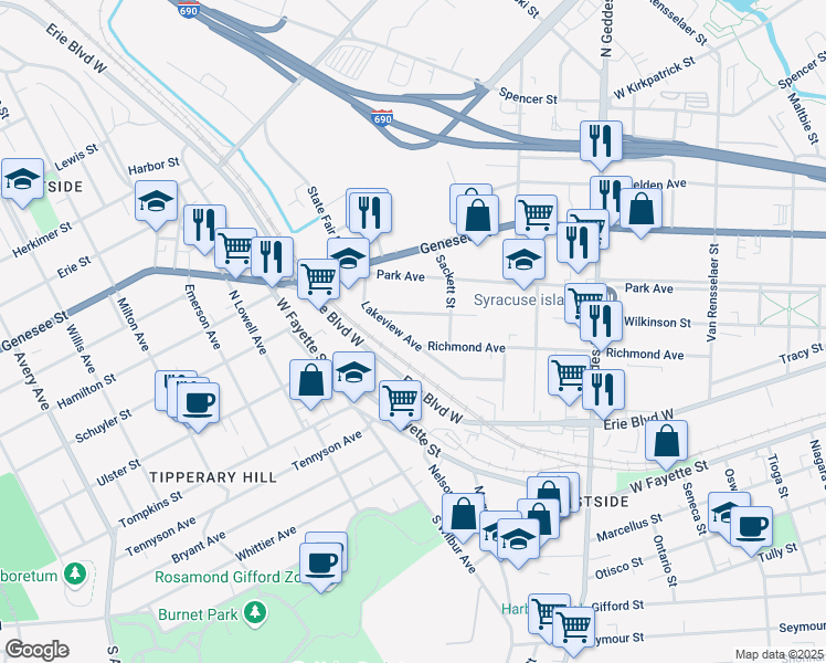 map of restaurants, bars, coffee shops, grocery stores, and more near 197 Lakeview Avenue in Syracuse