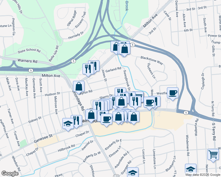 map of restaurants, bars, coffee shops, grocery stores, and more near 30 Sherry Drive in Syracuse