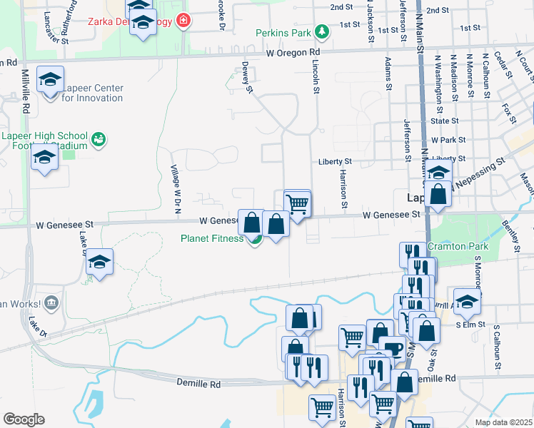 map of restaurants, bars, coffee shops, grocery stores, and more near 1895 West Genesee Street in Lapeer