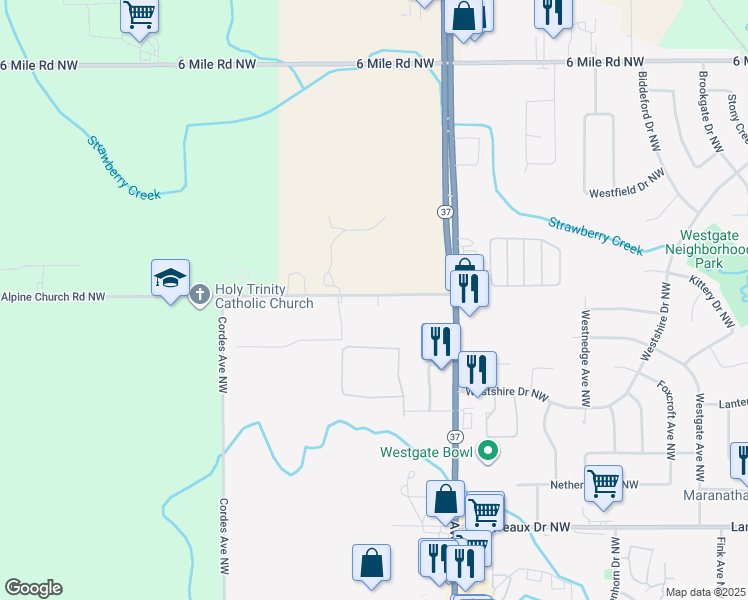 map of restaurants, bars, coffee shops, grocery stores, and more near 4725 Aldun Ridge Avenue Northwest in Comstock Park