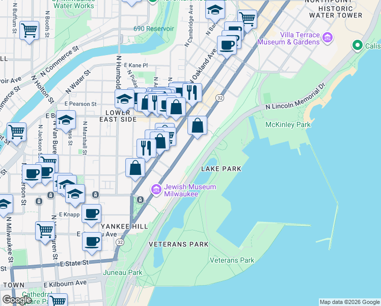 map of restaurants, bars, coffee shops, grocery stores, and more near 1560 North Prospect Avenue in Milwaukee