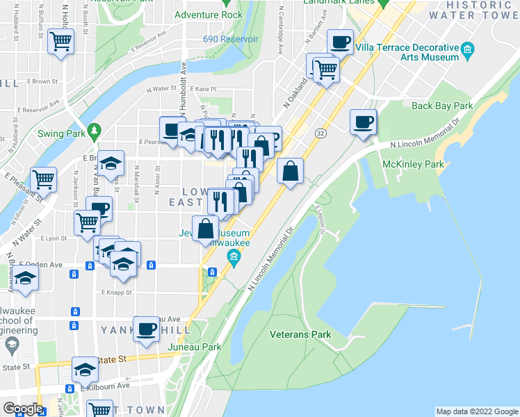 map of restaurants, bars, coffee shops, grocery stores, and more near 1428 East Albion Street in Milwaukee